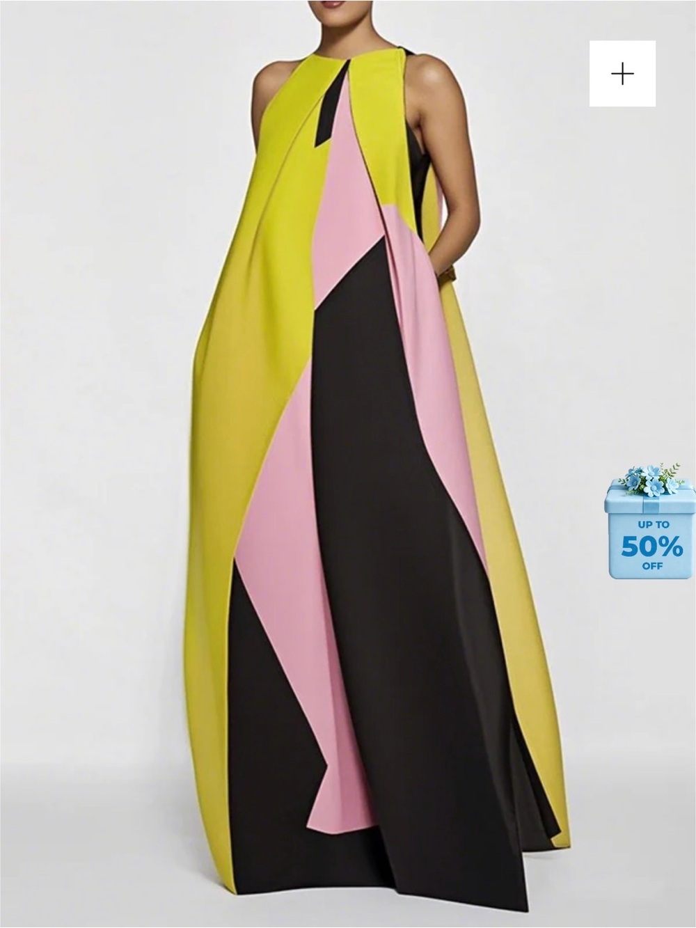 Colorblock Halter Maxi Gown in Chartreuse, Pink & Black